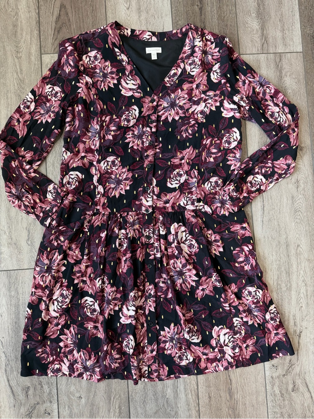 Garnet Hill- Drop waist Feminine Floral Dress with Gold Details